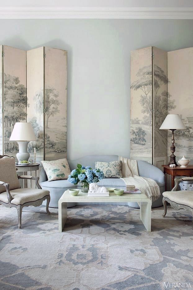 Frank Babb Randolph monochromatic living room with amazing Grisailles screens