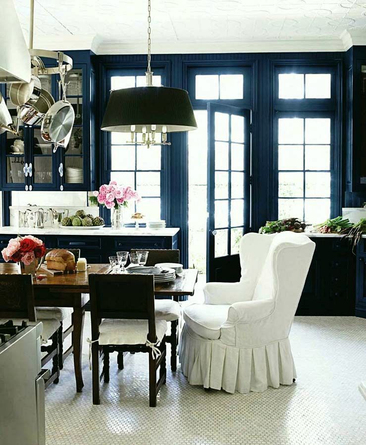 Windsor Smith black kitchen white slipcover chair over upholstery