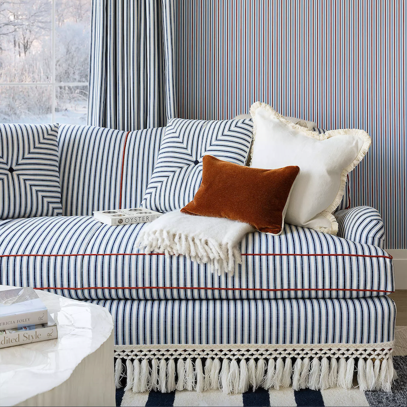 Serena & Lily Miramar fringed sofa red, white and blue ticking.