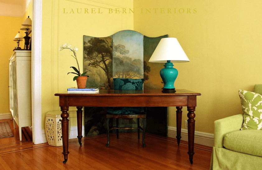 Laurel Bern Interiors home office. Ming Lamp. Wall paint - Benjamin Moore Hawthorne Yellow HC-4