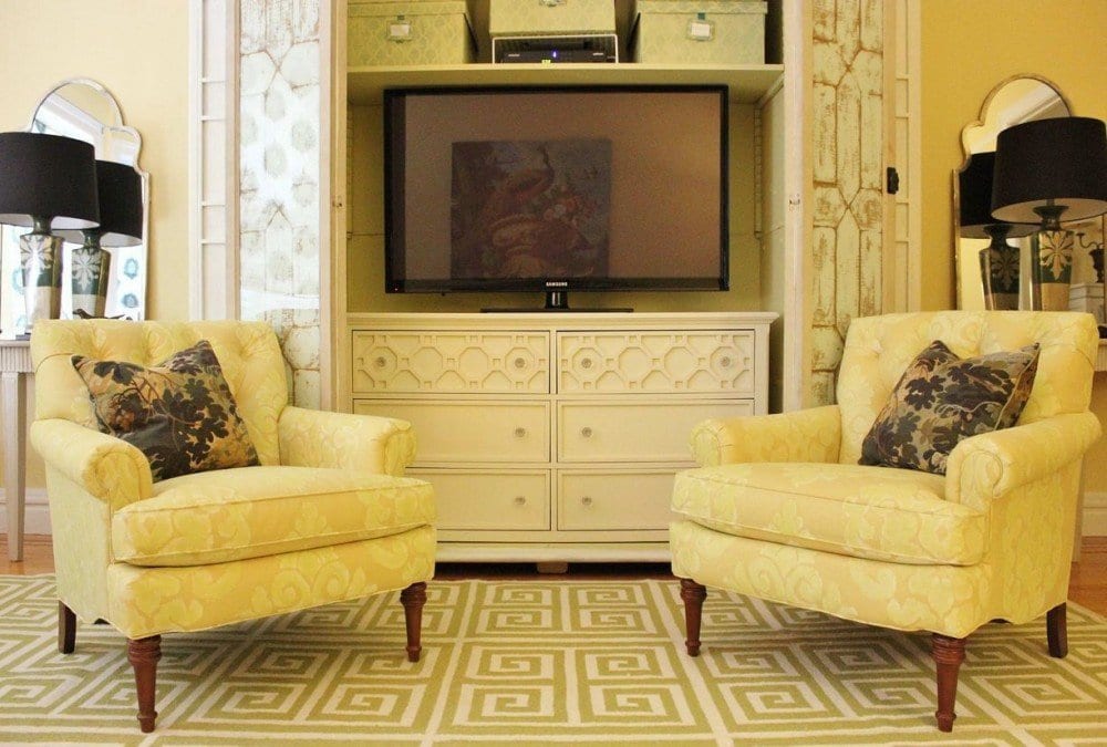 living room bronxville New York with Greek Key Motif rug