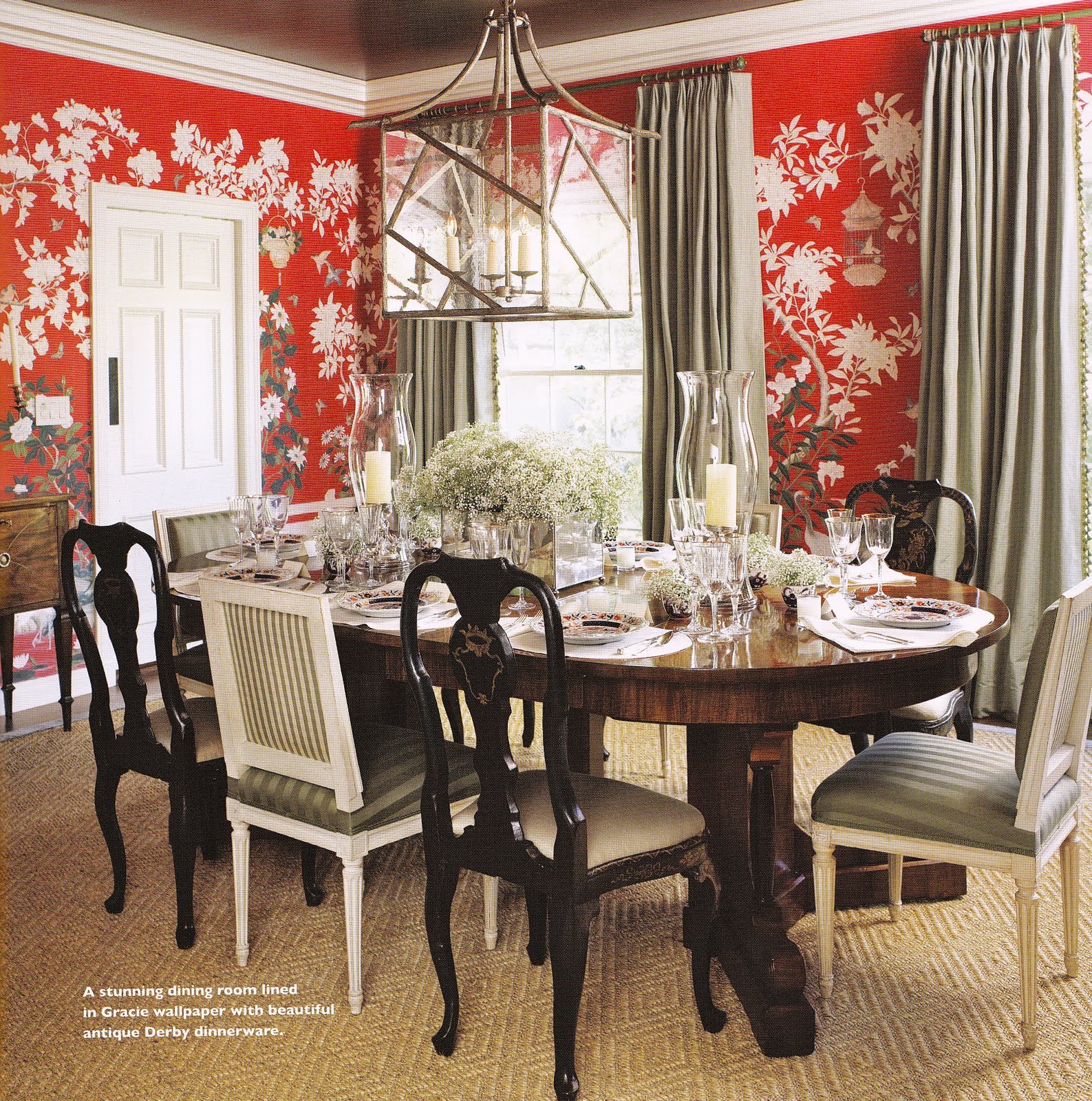 joe-nye-flair-dining-room - brown furniture - great color balance - Gracie Chinoiserie wallpaper