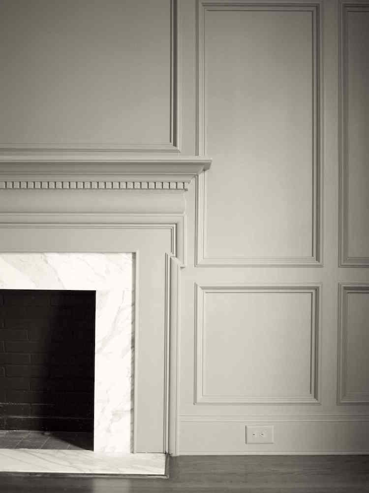 Study_lkaeinteriors Benjamin Moore warm gray paint colors - Revere Pewter - classical fireplance mantel