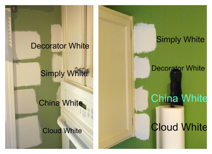 white paints sampes against green - definitely a home painting mistake