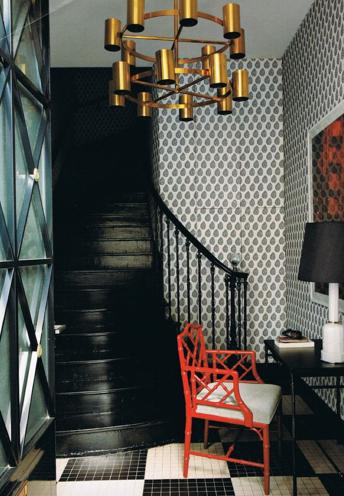 david-hicks-black-staircase-red-chinoiserie-chair - Staircase decor