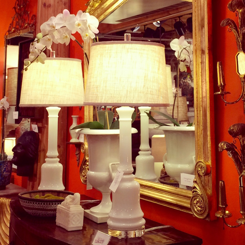 photo by Laurel Bern lamps high point market antiques hpmkt - wall color benjamin moore racing orange red - great for a paint color palette
