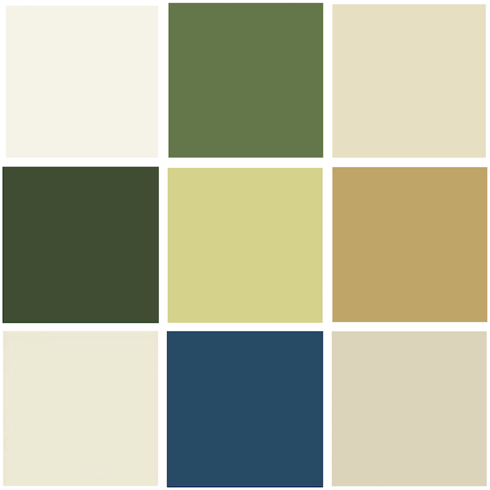 palette, green, cream, gold, blue