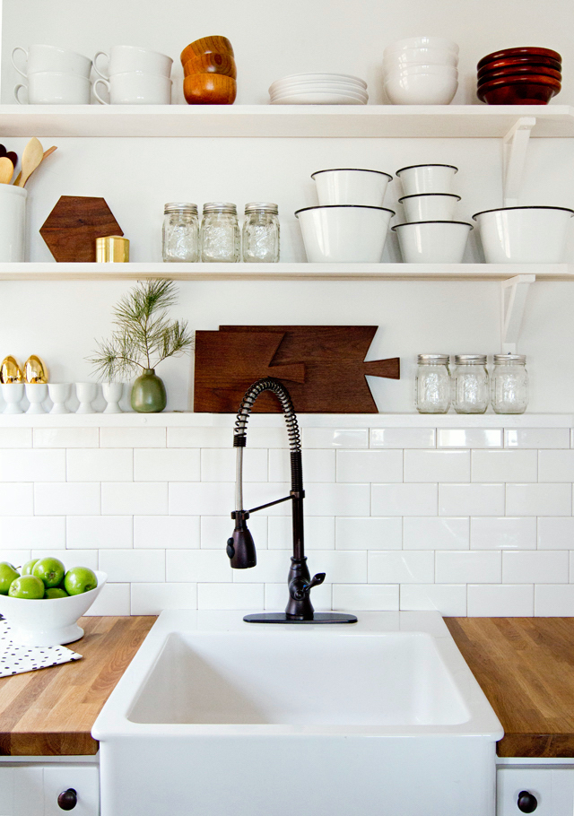 White kitchen with open shelves by Sarah Sherman Samuel