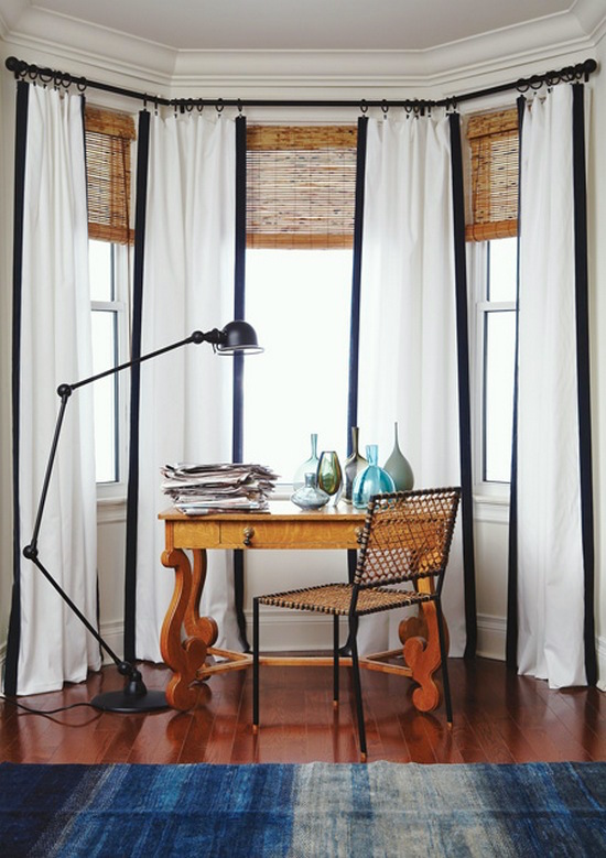 house and home white drapes with black trim bamboo blinds