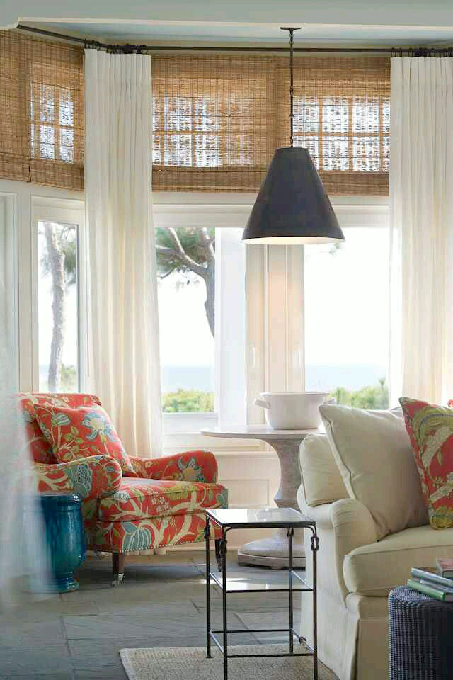 matchstick blinds with white linen drapes