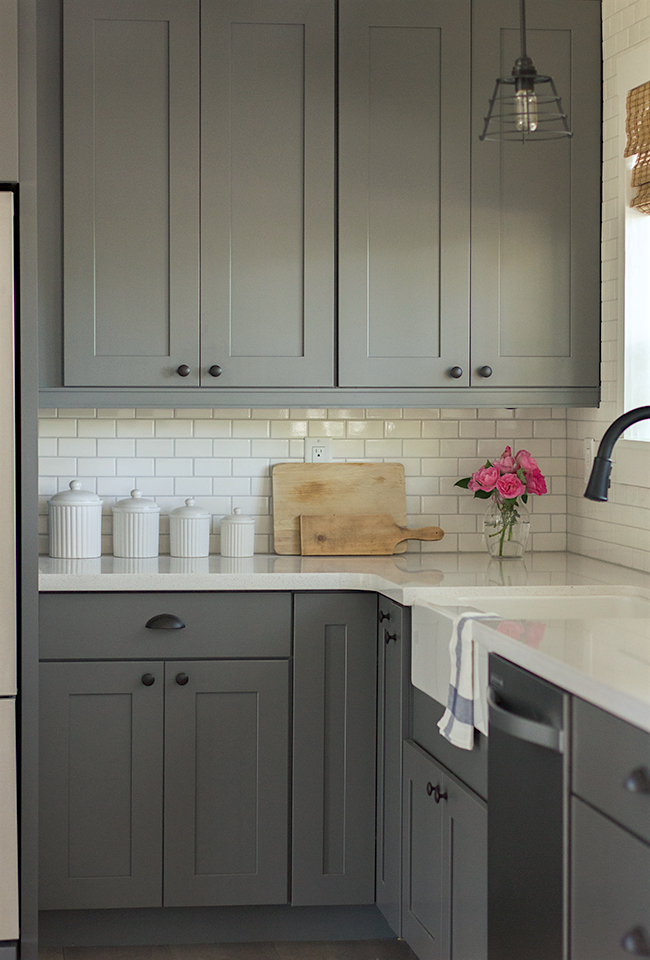Jenna Sue Design shaker cabinets in a medium gray from Lowes