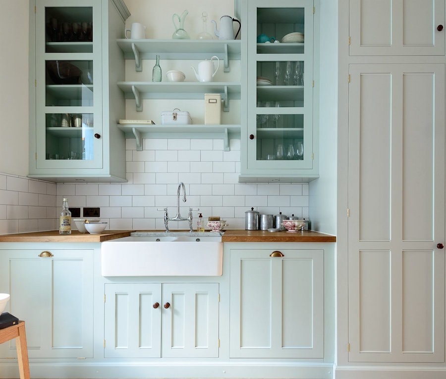 deVOL_Classic_Pimlico_DSC_7446 Beautiful pale blue kitchen with Shaker cabinet doors and a farmhouse sink and wood counters. Kitchen Backsplash is white subway tile.