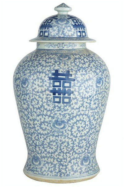 double happiness blue and white temple jar