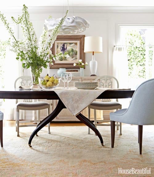 barbara barry dining room with gondola chair Vintage-inspired-furniture-contemporary-chandelier-create