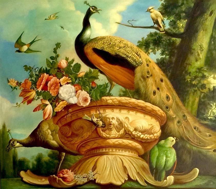 melchior-de-hondecoeter-peacock-on-a-decorative-urn-reproduction-painting