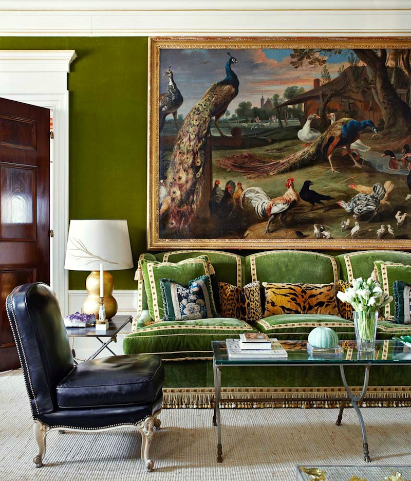 Tory Burch green living room with fine oil painting over the green velvet sofa