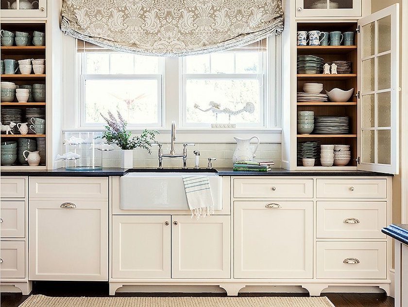 Mollie Johnson kitchen in lovely cream - warm paint color palette - lovely roman shade