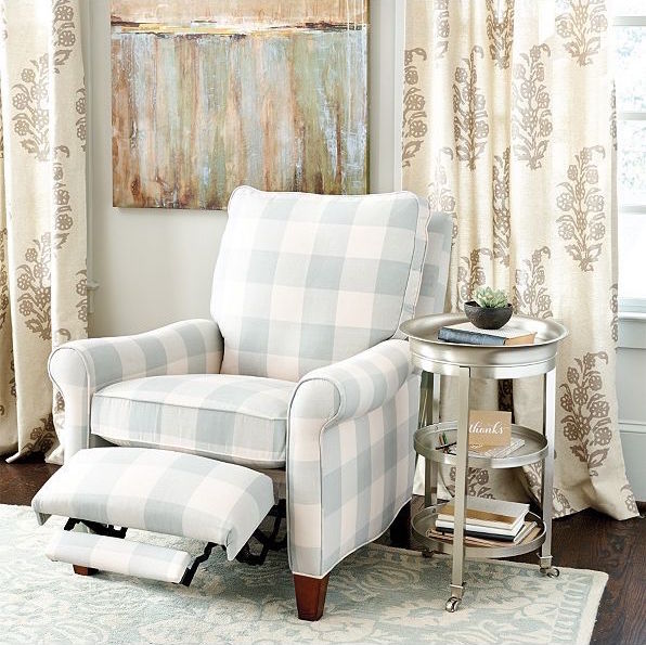 gray and white buffalo check recliner