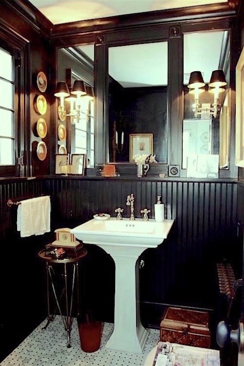 vintage black bathroom in the manner of Mark D Sikes - designed by Nancy Keyes
