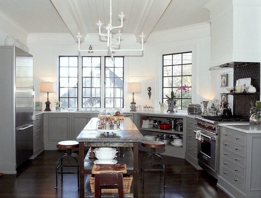 Nancy Keyes fabulous timeless kitchen with white chandelier they created themselves