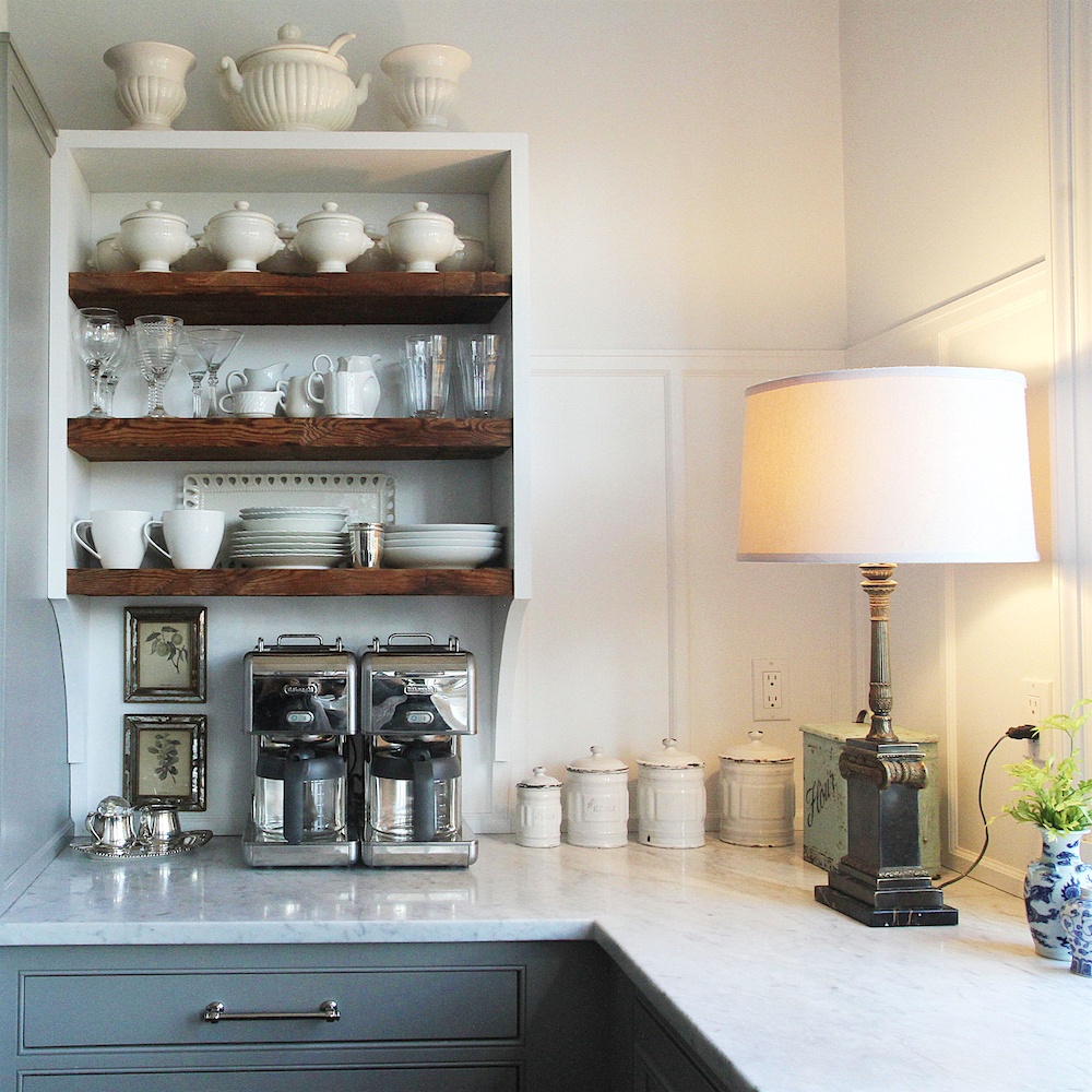 Nancy Keyes fabulous kitchen with a wonderful vintage table lamp on the kitchen counter