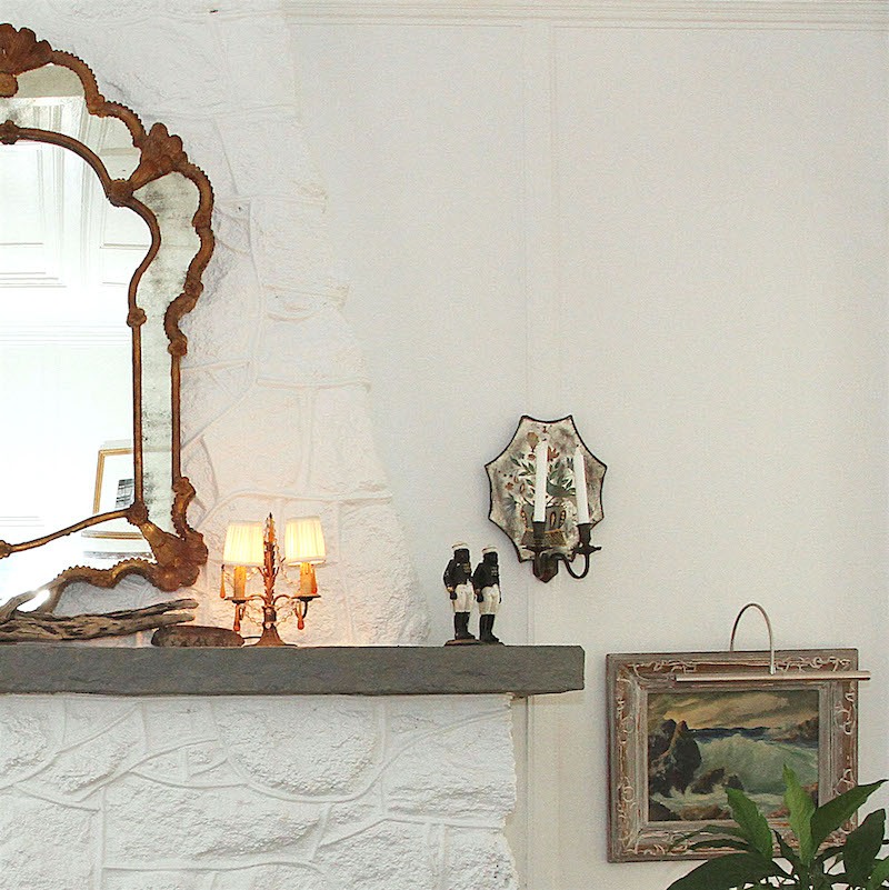 best shades white paint - fireplace mantel vignette Nancy Keyes