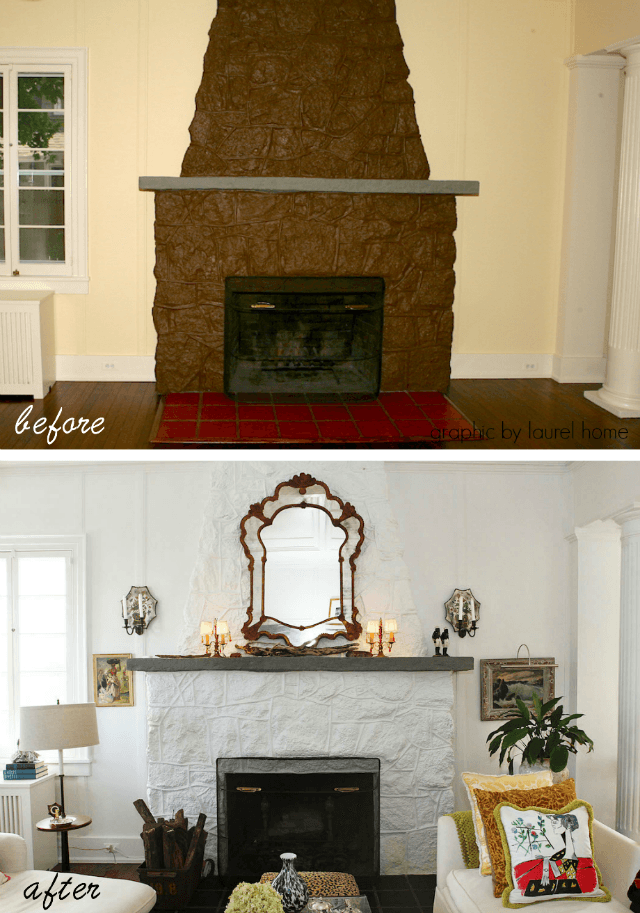 Stone fireplace makeover, before and after