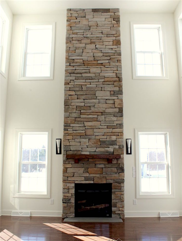 two story stone fireplace