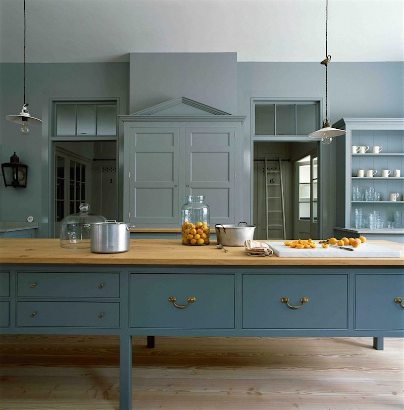 Plain English Kitchen teal - gray monochromatic kitchen - butcher block island