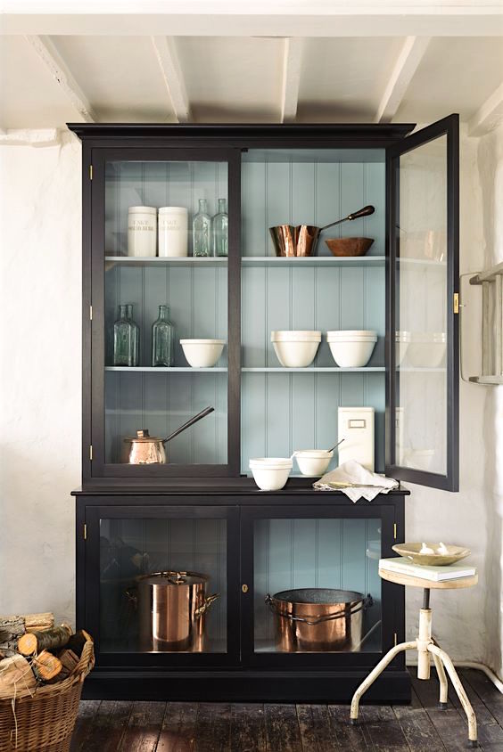 devol kitchens - free standing cabinet - black - with celadon interior - glass doors