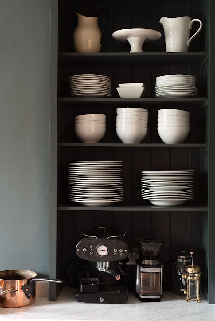 devol kitchens stroage white dishes - dark gray green cabinets - classic kitchen