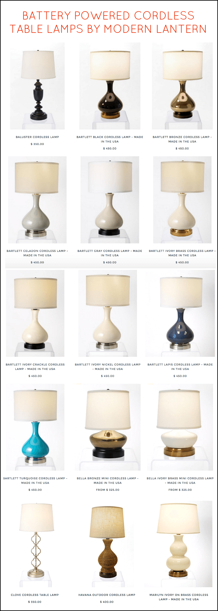 fabulous cordless table lamps by Modern Vintage - battery operated