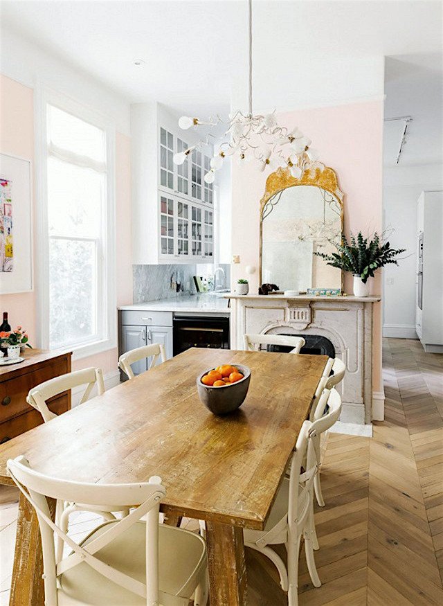 Annouchka Engla - pretty pink dining room and kitchen with high ceilings - Make small rooms look bigger
