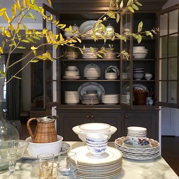 Maura Endres fabulous kitchen dark gray cabinet with china - Benjamin Moore Bear Creek