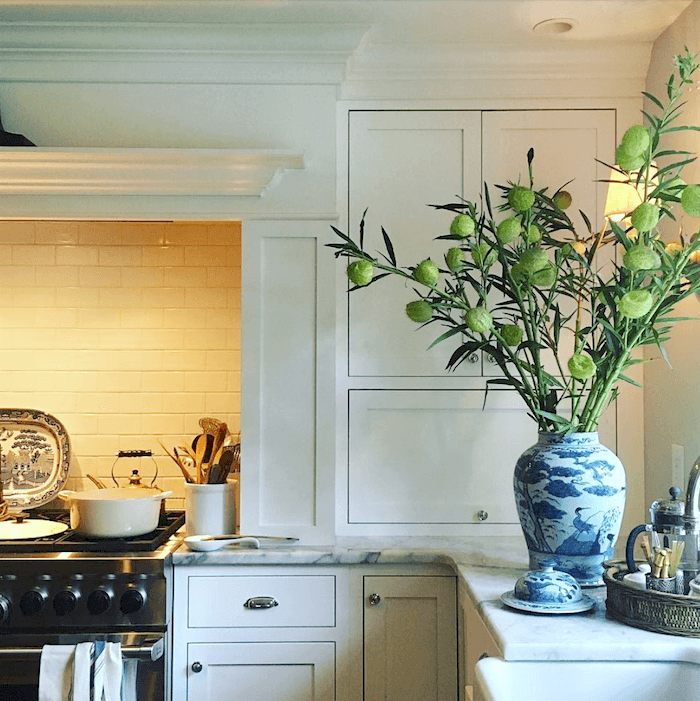  Maura Endres kitchen with green plant and chinoiserie vase