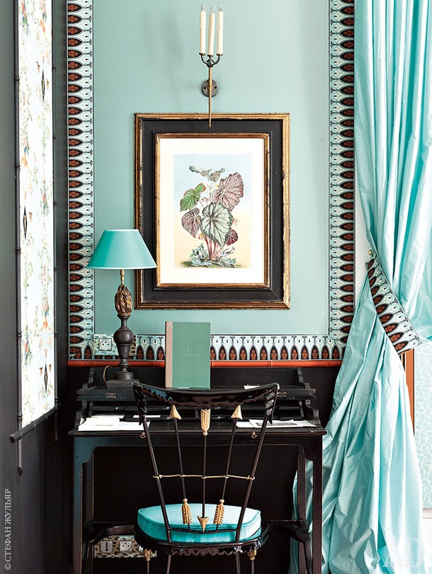 Soothing Green walls - Aqua Green - aqua silk drapes small writing table