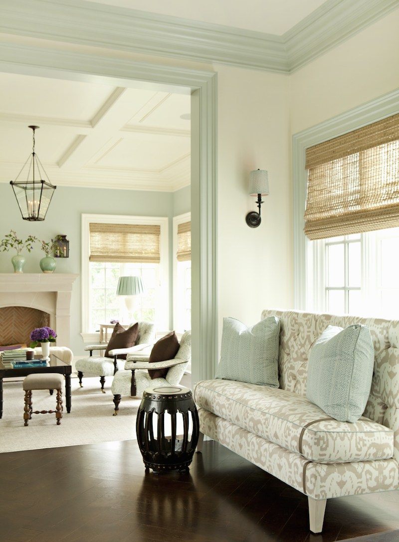 Living room with light store green walls