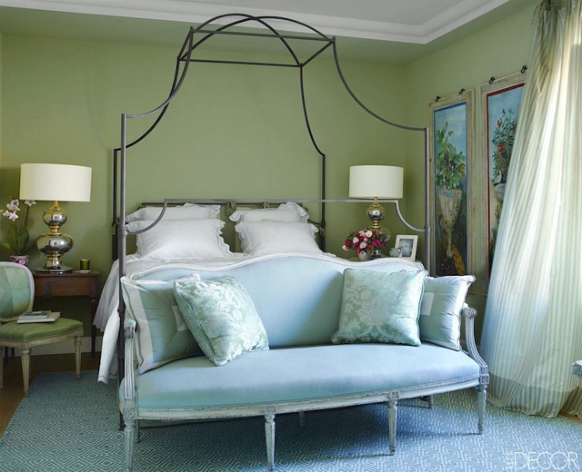 via Elle Decor - Alessandra Branca- bedroom sage-green and blue settee with damask pillows