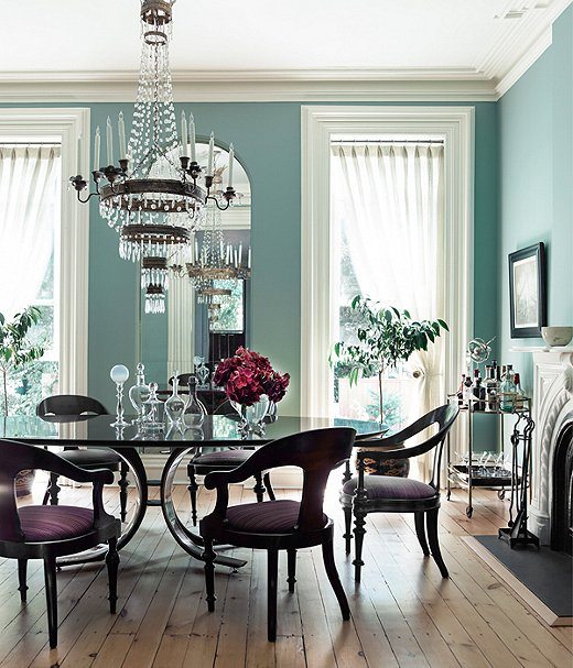 aqua traditional dining room - with large crystal chandelier