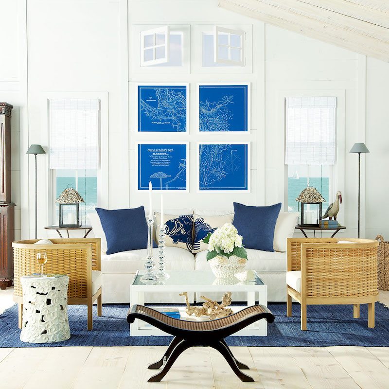 Wisteria blue and white living room lighting with very skinny floor lamps