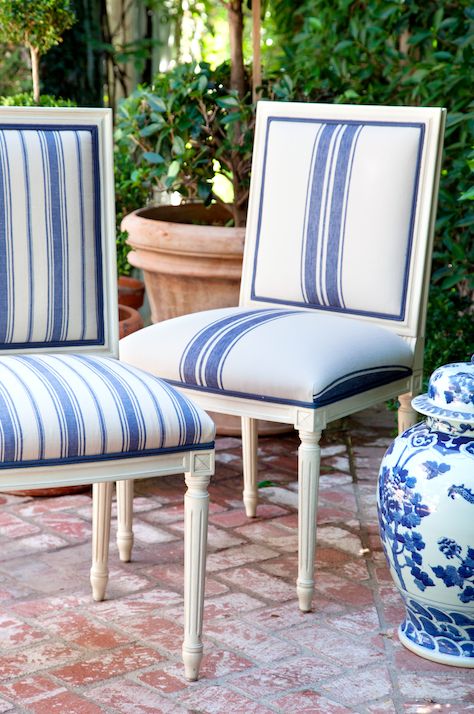 Mark D Sikes side chairs with Schumacher stripe fabric - new traditional decorating