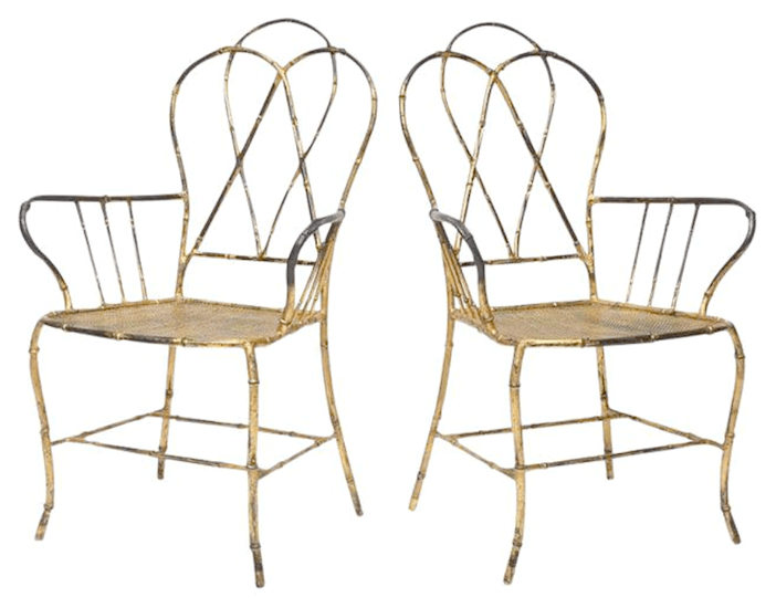 1960s Vintage Gilt Metal Faux Bamboo Armchairs Patio Furniture Laurel Home - Vintage Metal Bamboo Patio Furniture