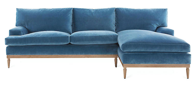 one kings lane sutton right-facing sectional harbor blue velvet - best upholstery fabrics