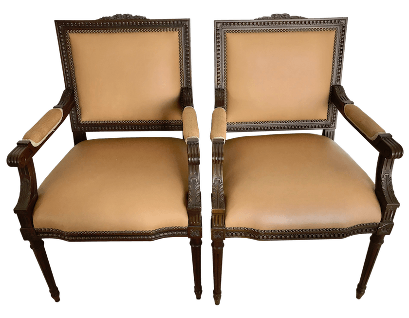 Chairish - pair-of-vintage-french-louis-xvi-style-leathernailhead-chairs-how to mix dining chairs