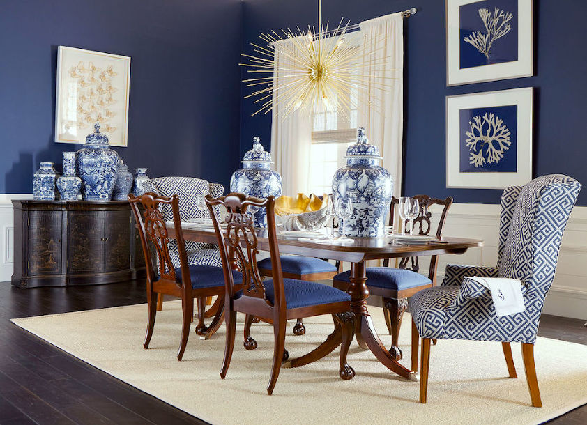 Ethan Allen blue and white dining room - how to mix dining room chairs