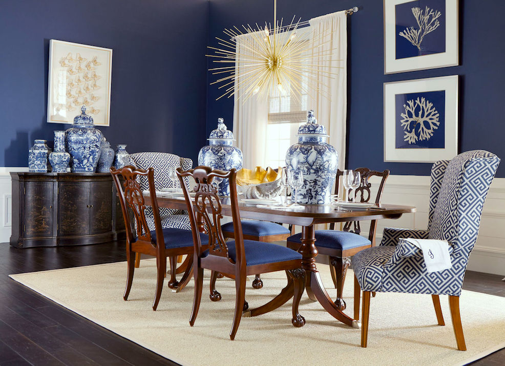 dining room with blue chairs