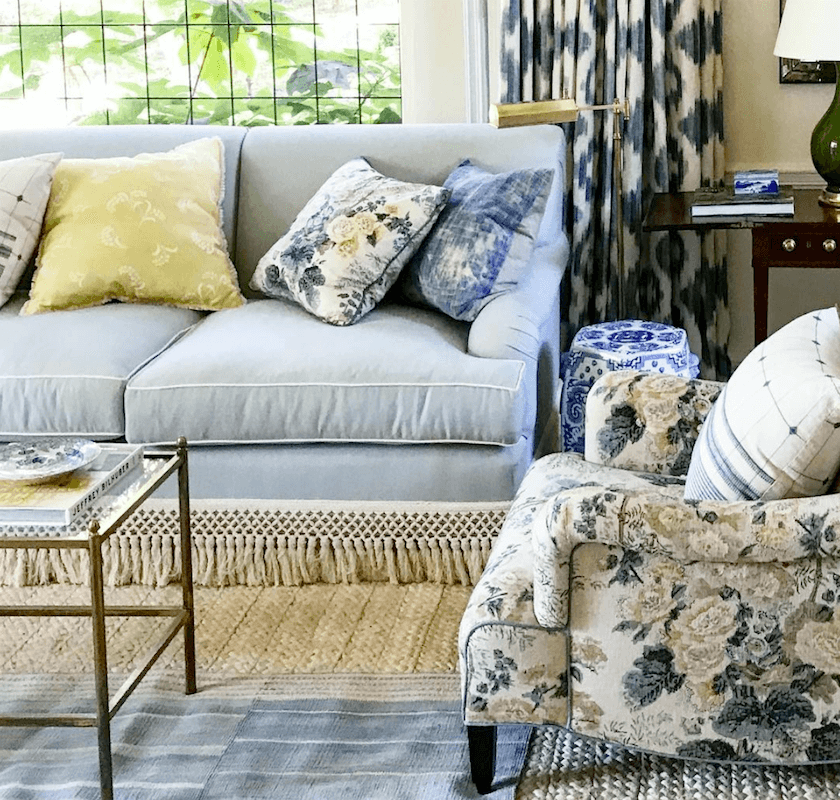 how to mix patterns - mark d sikes - blue and white living room in Montecito via instagram