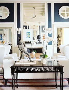JKPlace Capri with Greek Key table in blue and white lobby