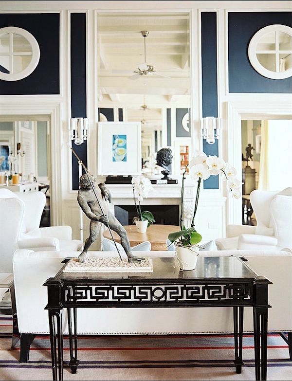 JKPlace Capri with Greek Key table in blue and white lobby