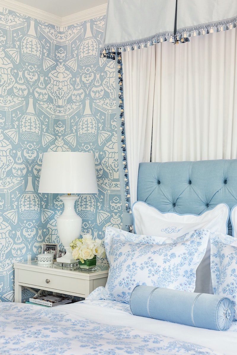 bed linens from biscuit home - David Hicks - the vase wallpaper by Clarence House